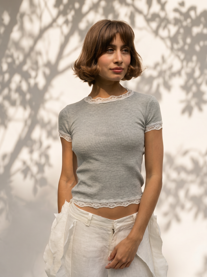 Ribbed Half Sleeve Lace Top
