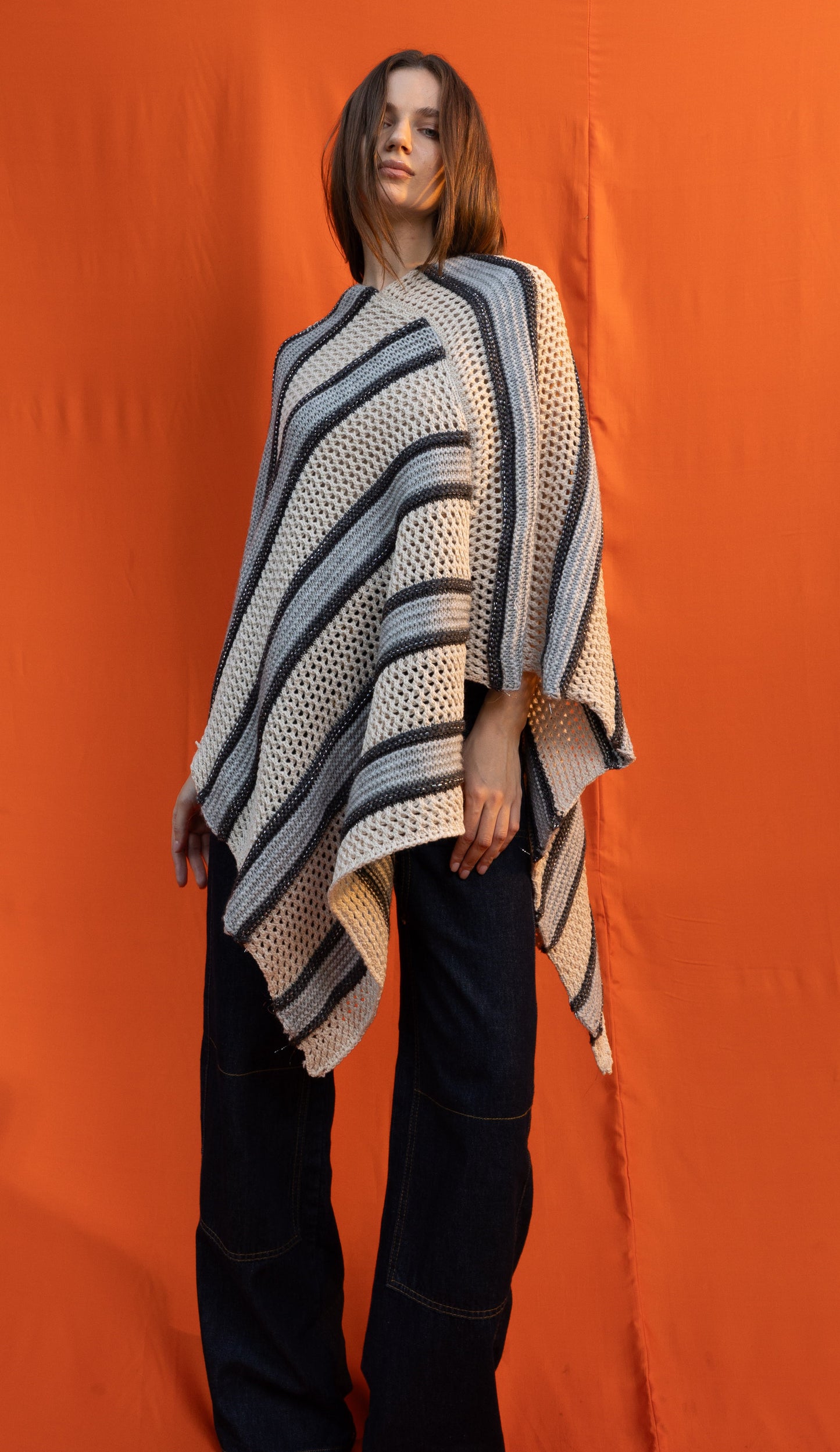 Cream Striped Poncho