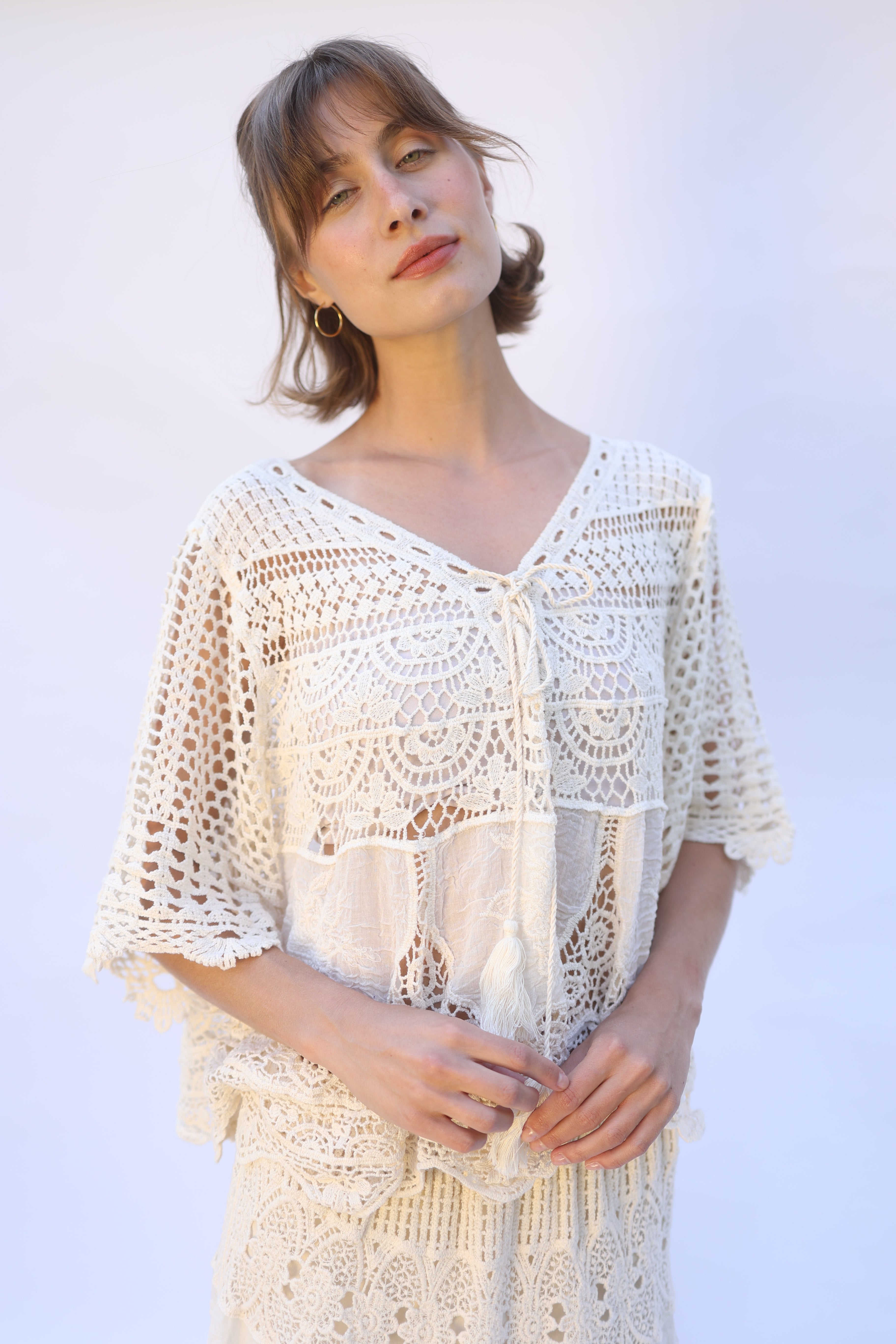 Leaves Crochet Tie Blouse