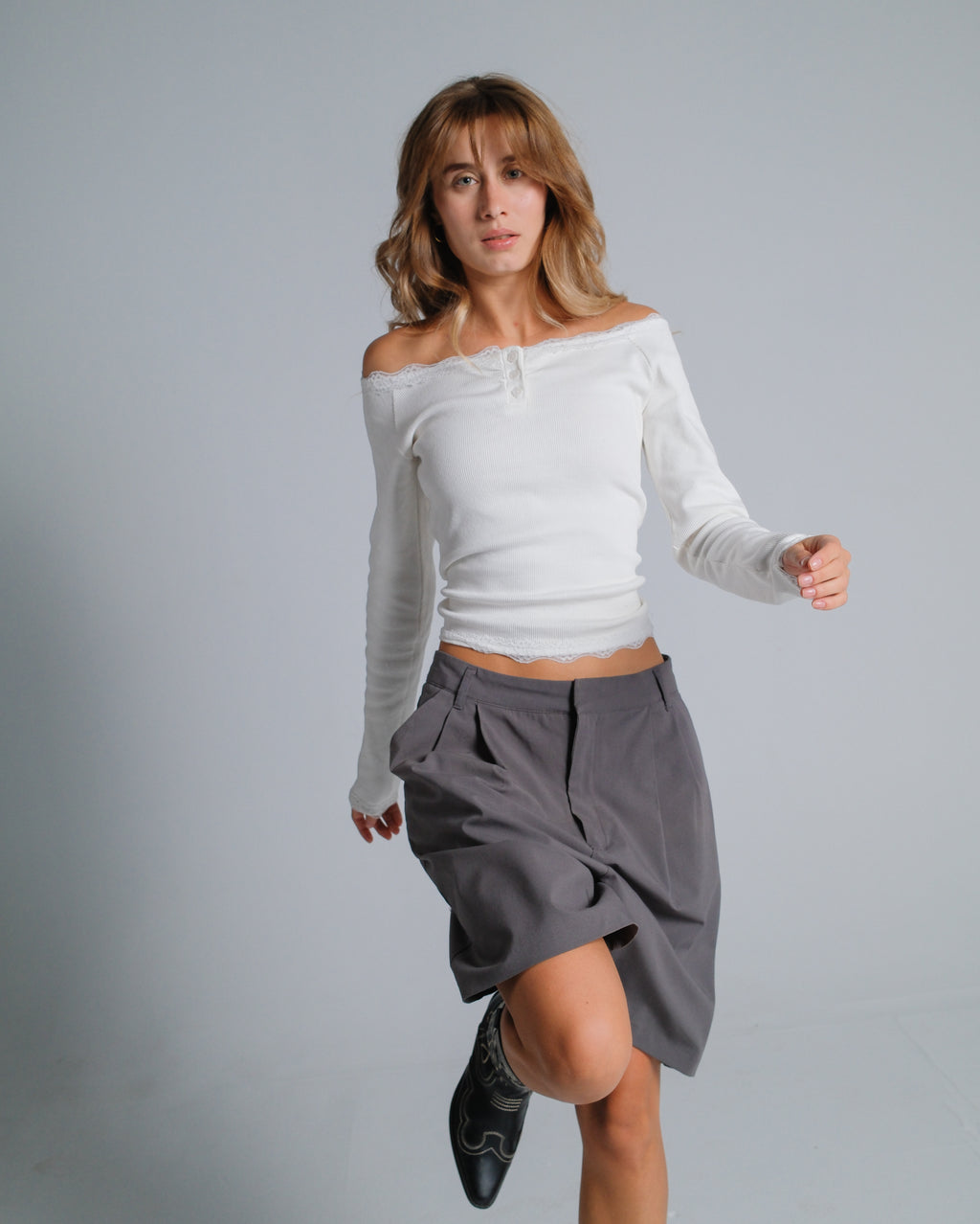 Buttoned Ribbed Lace Top