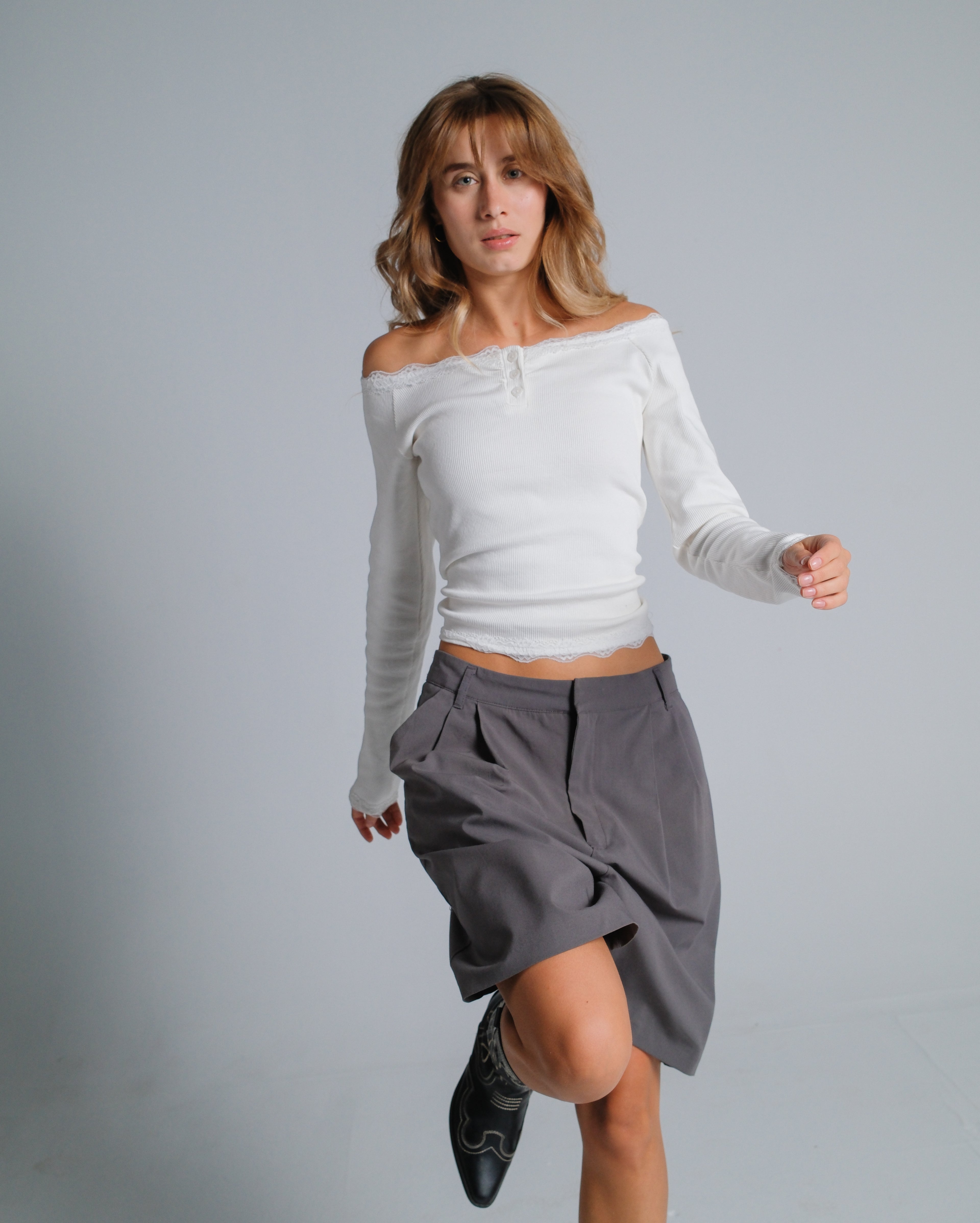 Buttoned Ribbed Lace Top