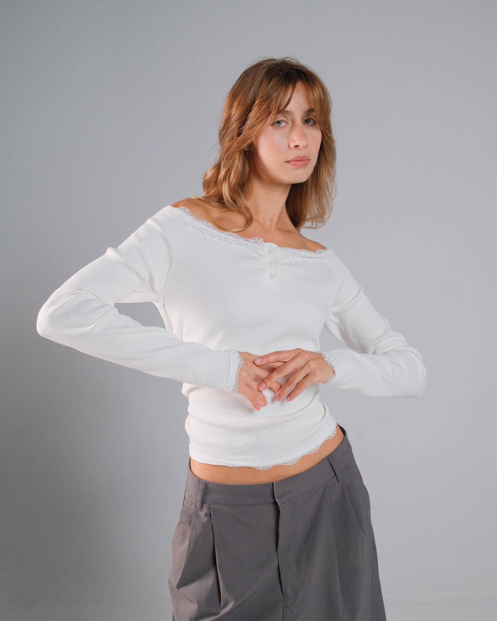 Buttoned Ribbed Lace Top