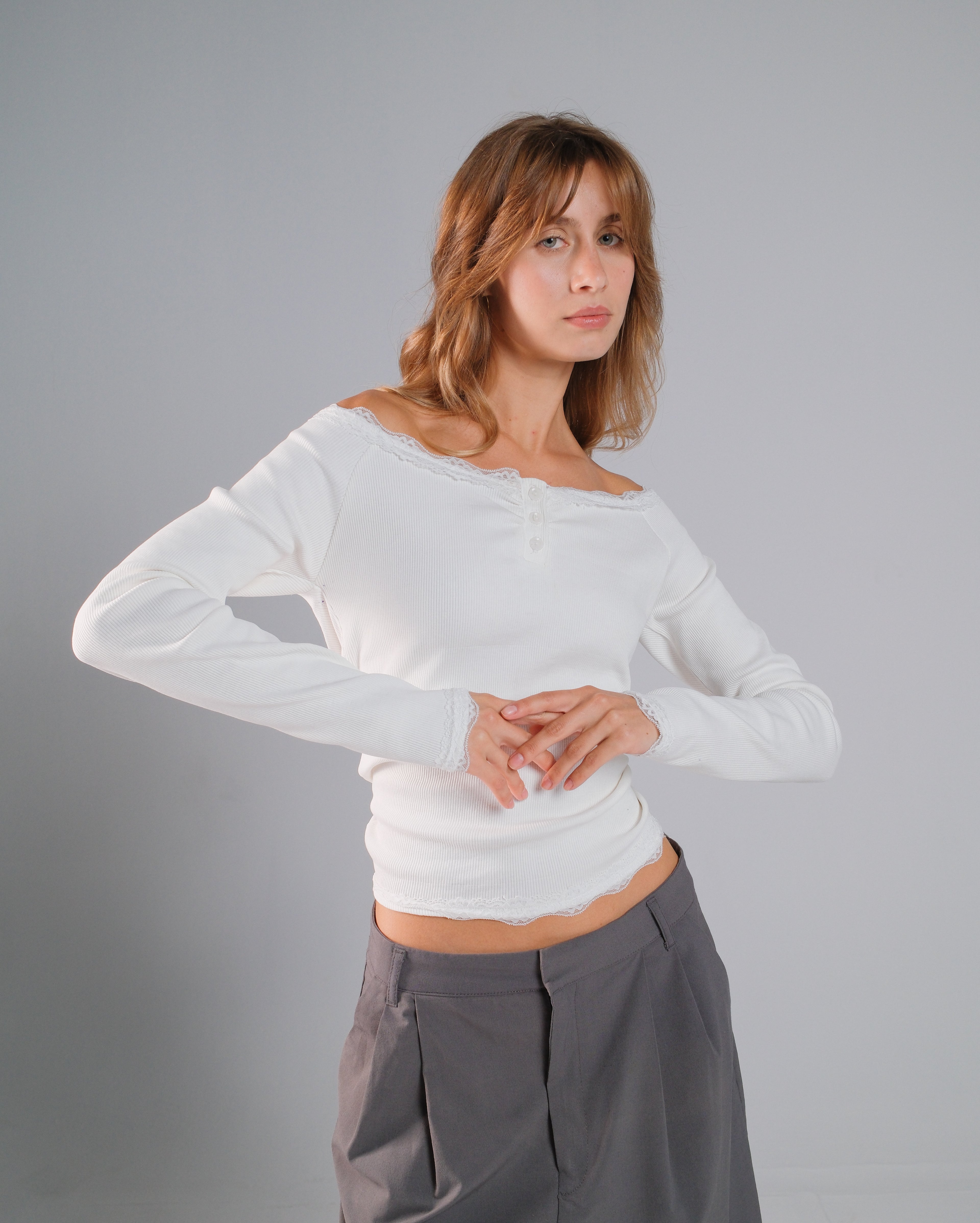 Buttoned Ribbed Lace Top