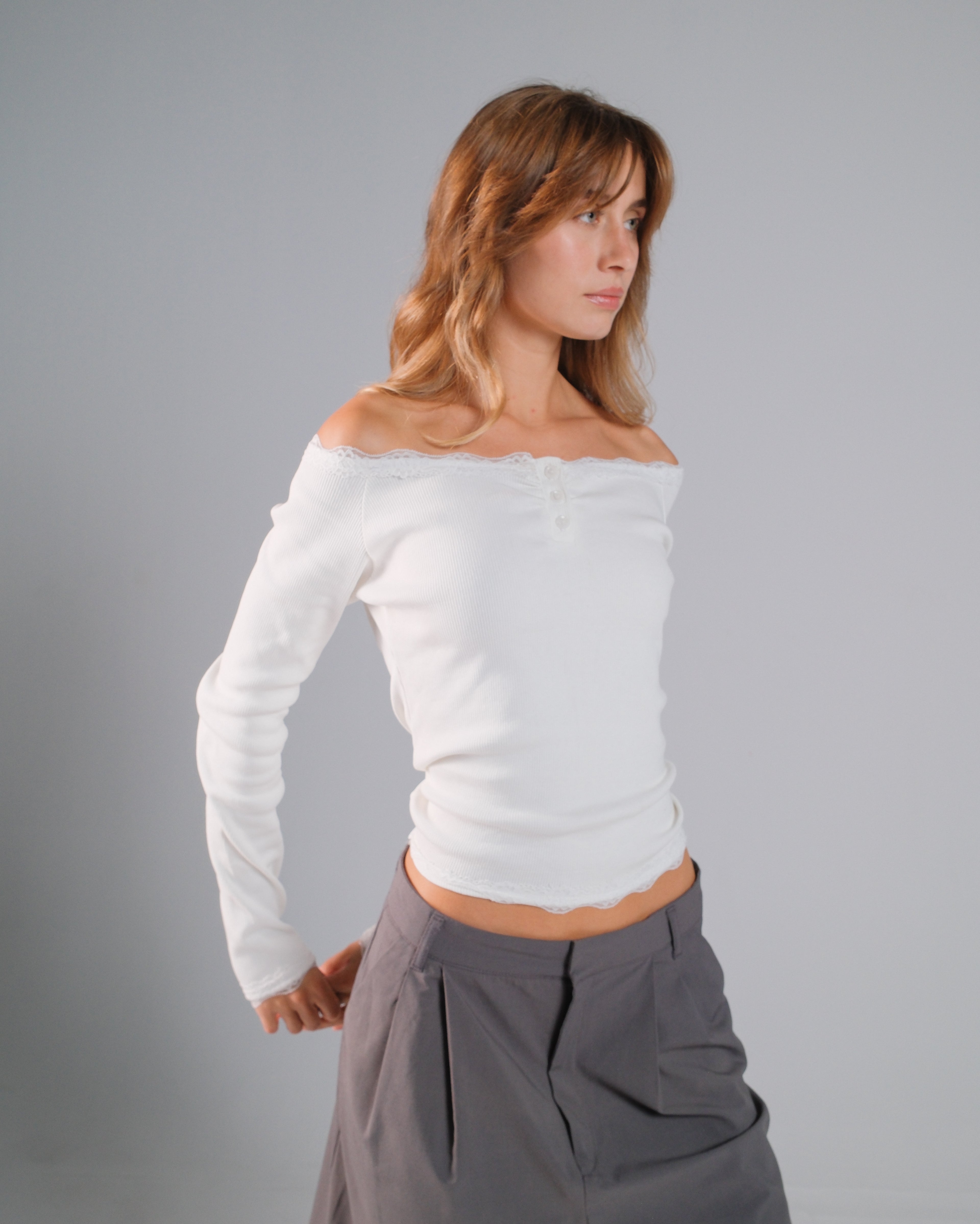 Buttoned Ribbed Lace Top