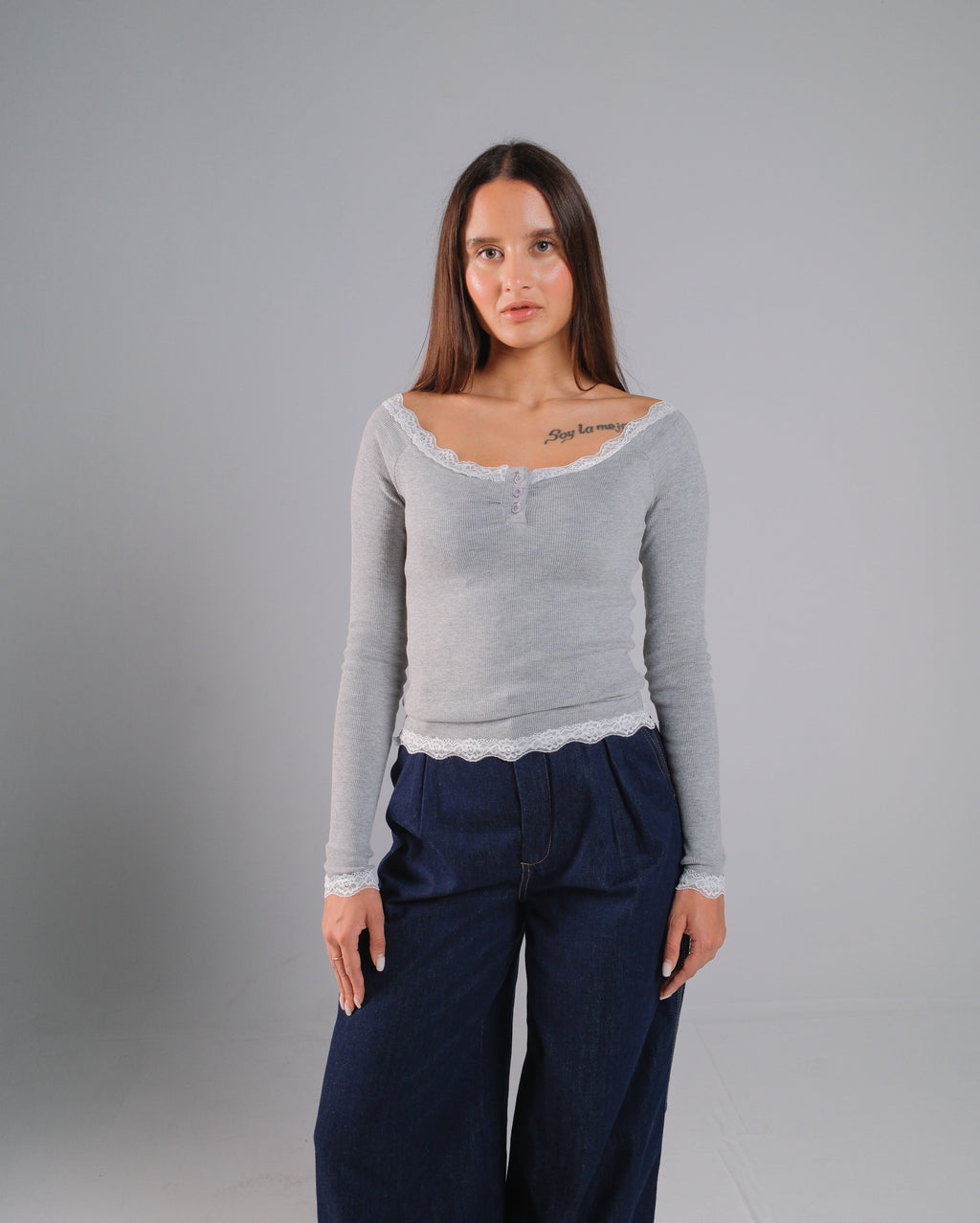 Buttoned Ribbed Lace Top