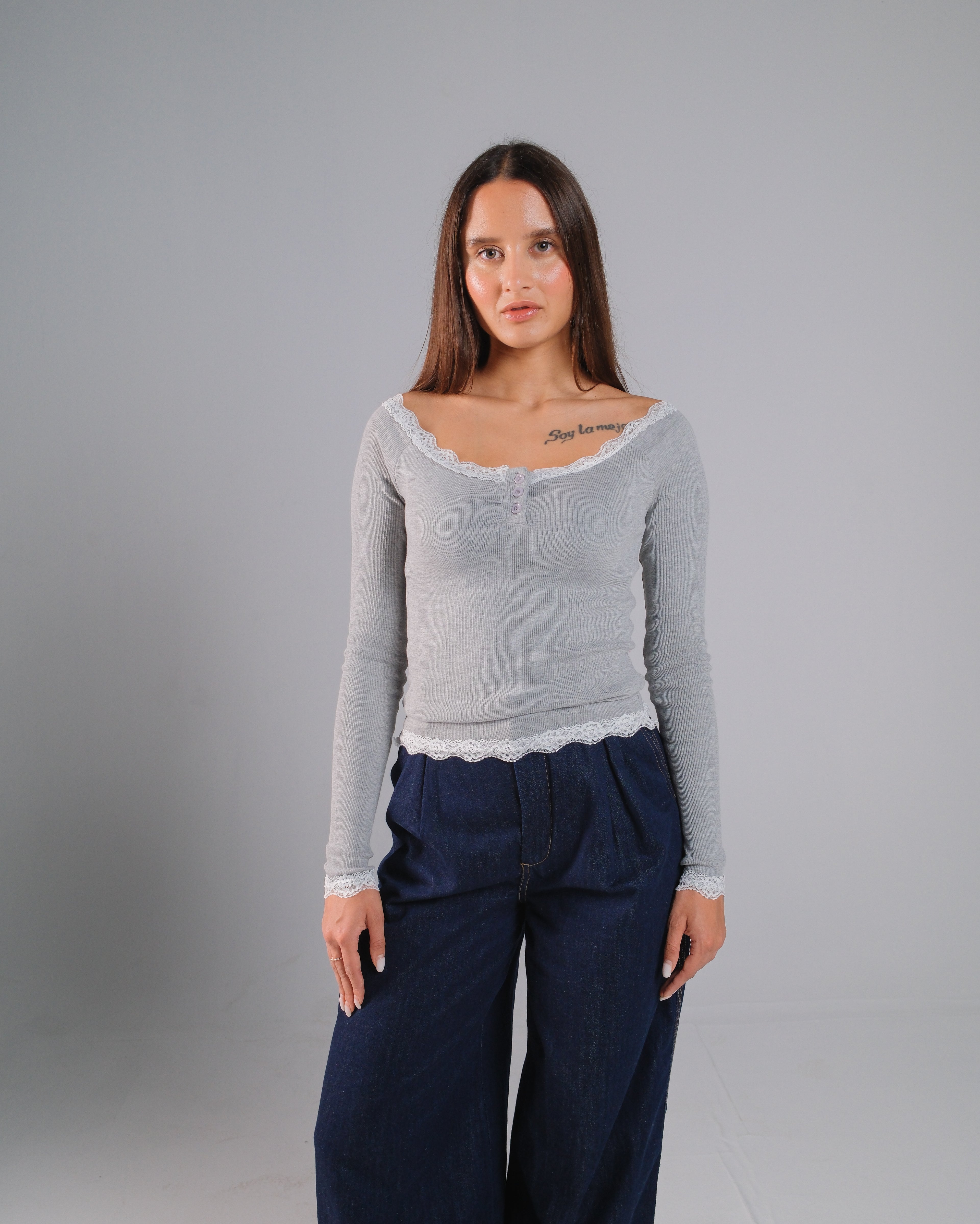 Buttoned Ribbed Lace Top