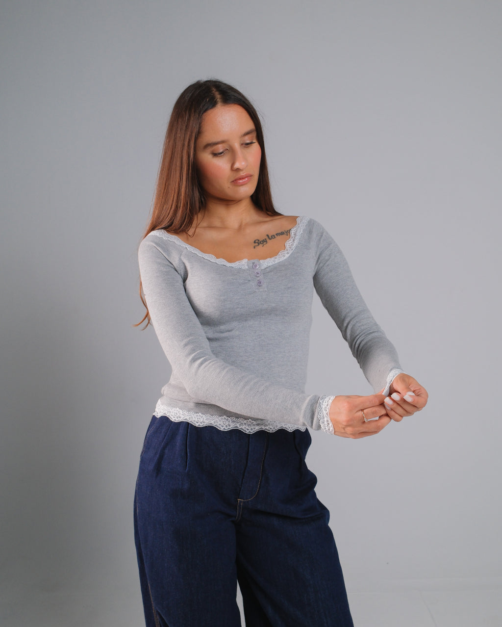 Buttoned Ribbed Lace Top