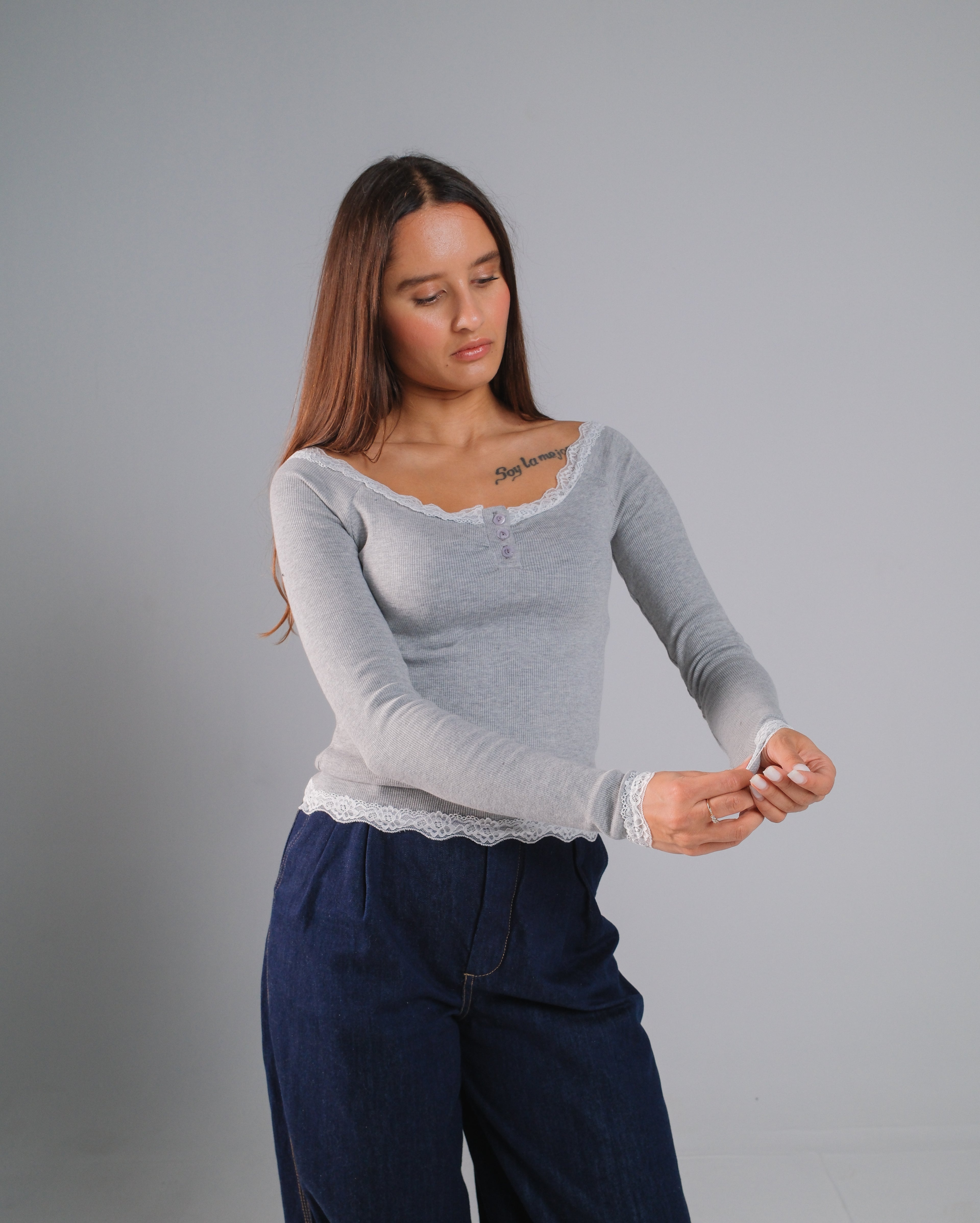 Buttoned Ribbed Lace Top