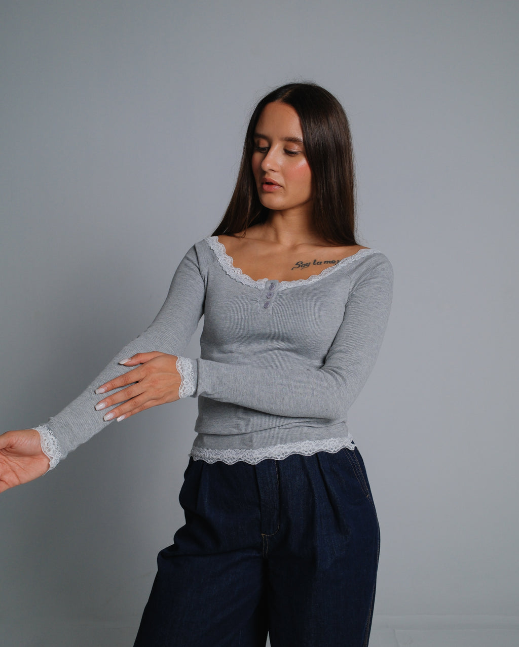 Buttoned Ribbed Lace Top