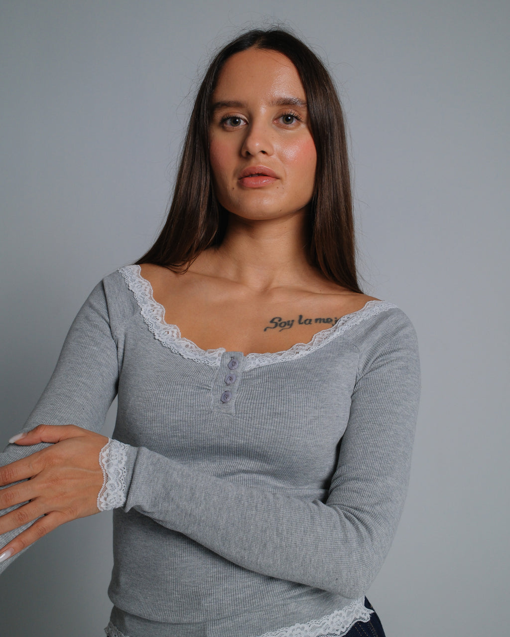 Buttoned Ribbed Lace Top