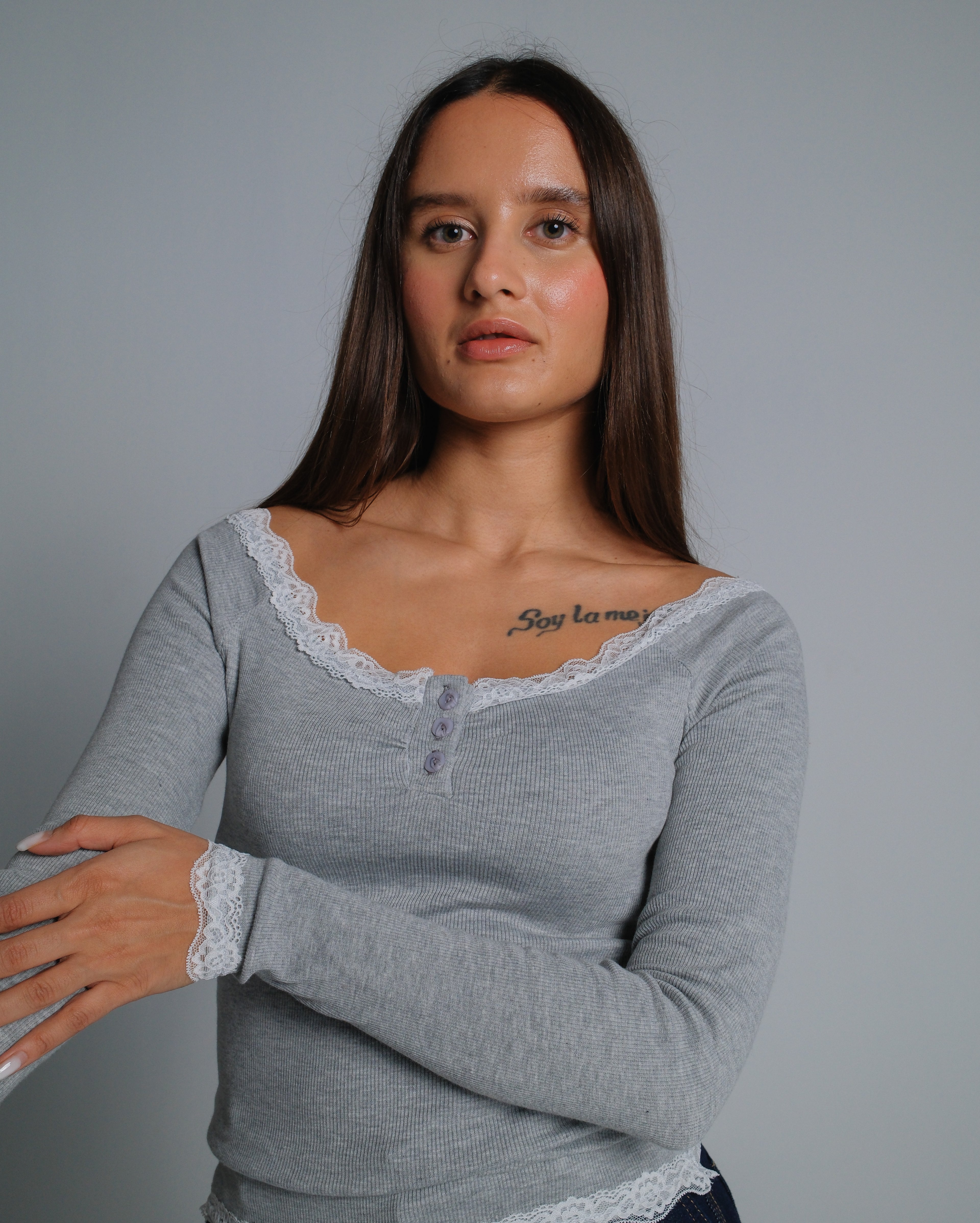 Buttoned Ribbed Lace Top