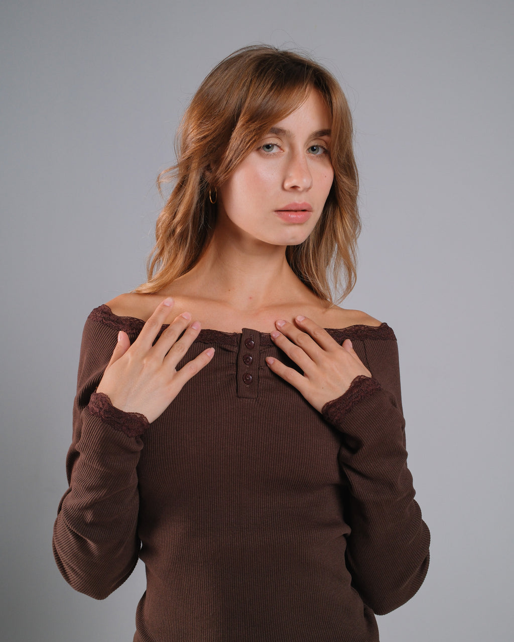 Buttoned Ribbed Lace Top