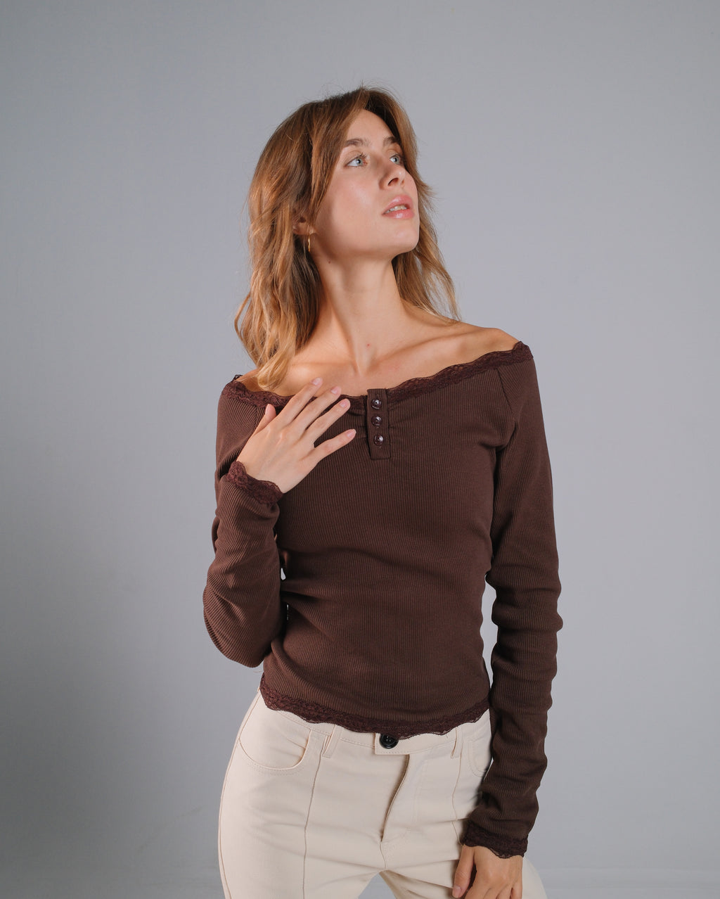 Buttoned Ribbed Lace Top