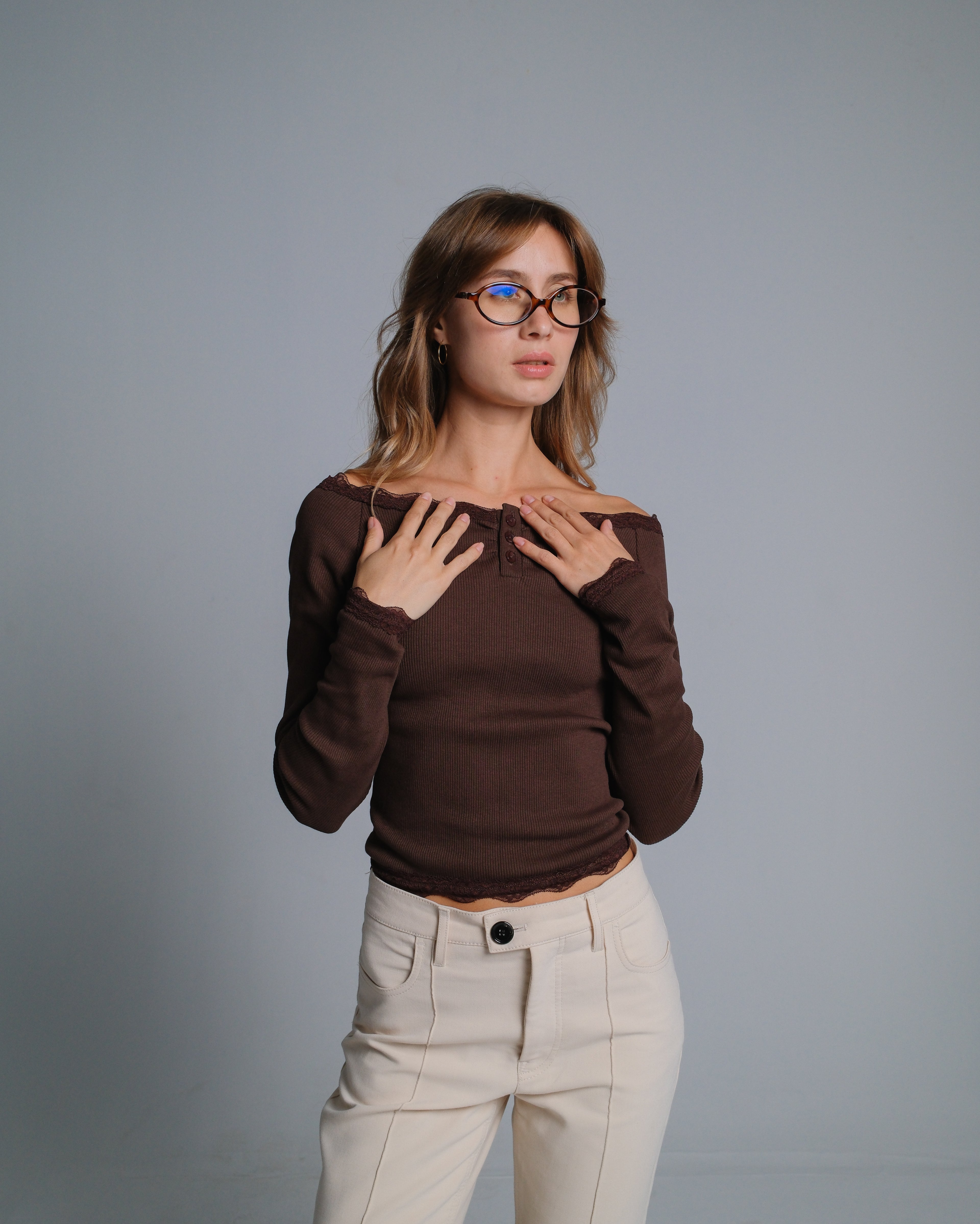 Buttoned Ribbed Lace Top