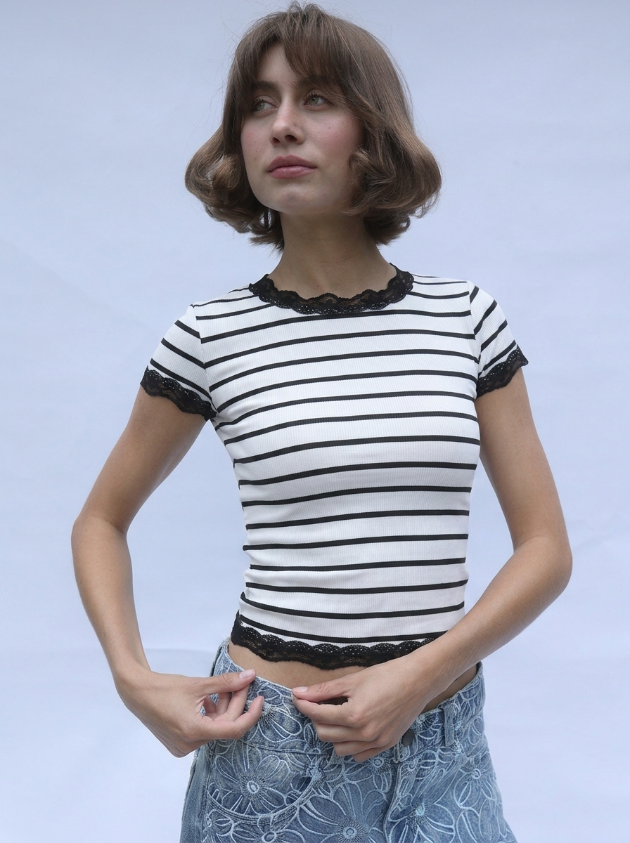 Ribbed Half Sleeve Lace Top