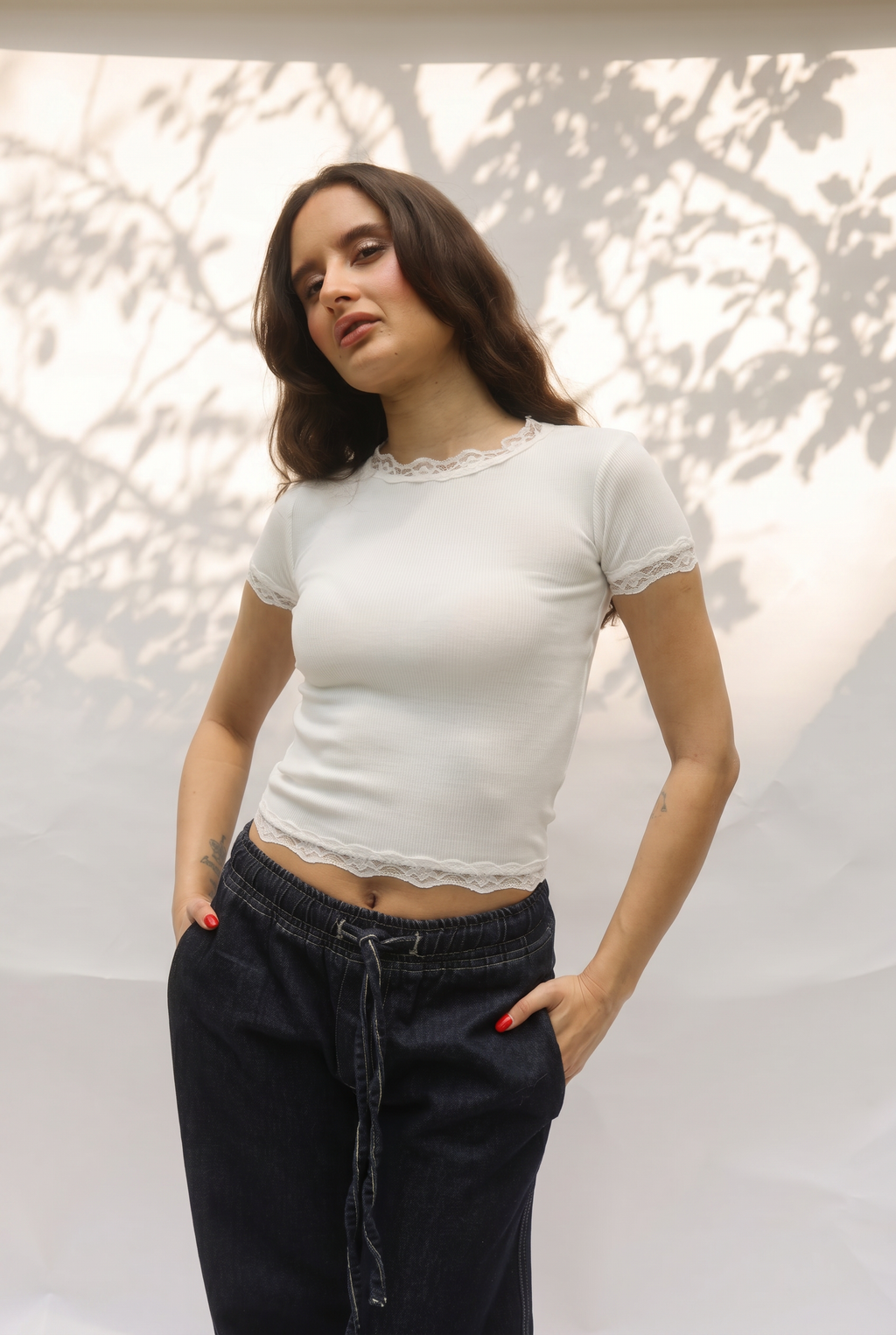 Ribbed Half Sleeve Lace Top