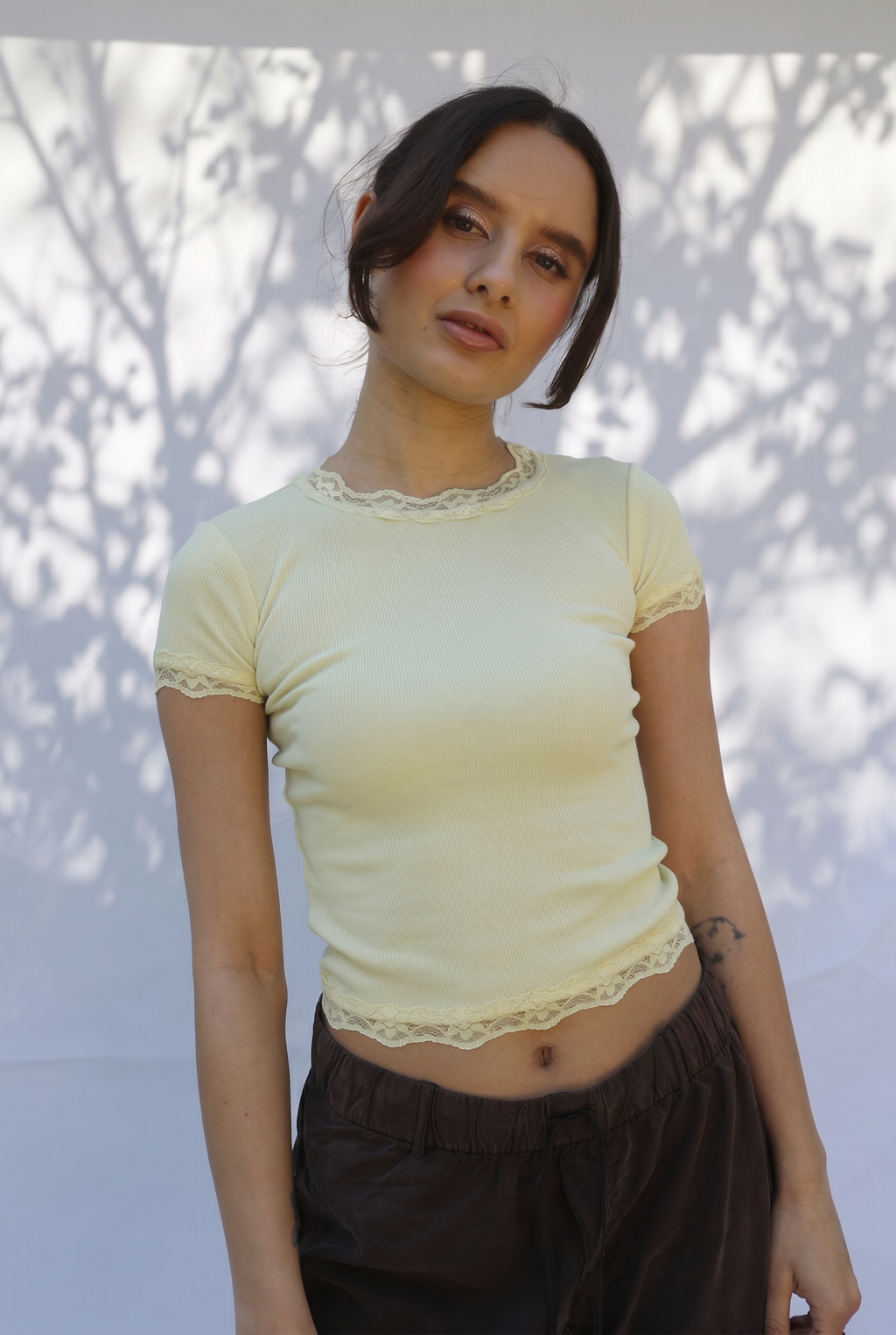 Ribbed Half Sleeve Lace Top