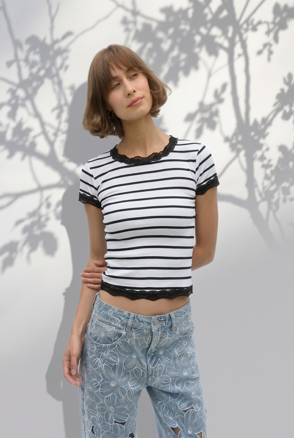 Ribbed Half Sleeve Lace Top