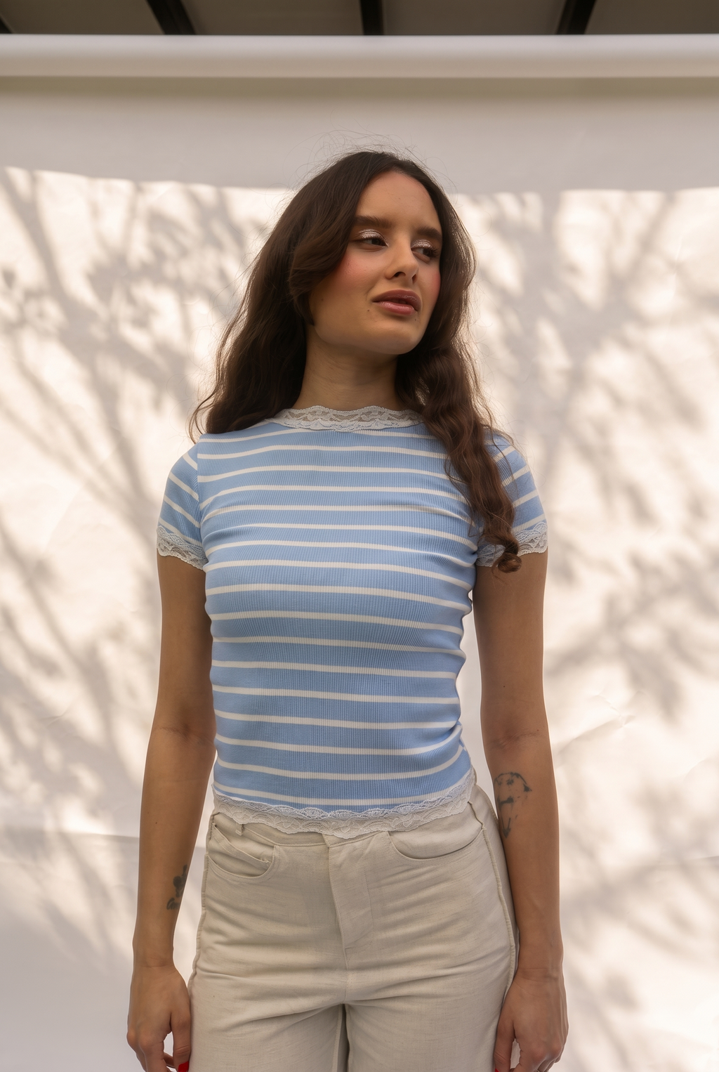 Ribbed Half Sleeve Lace Top