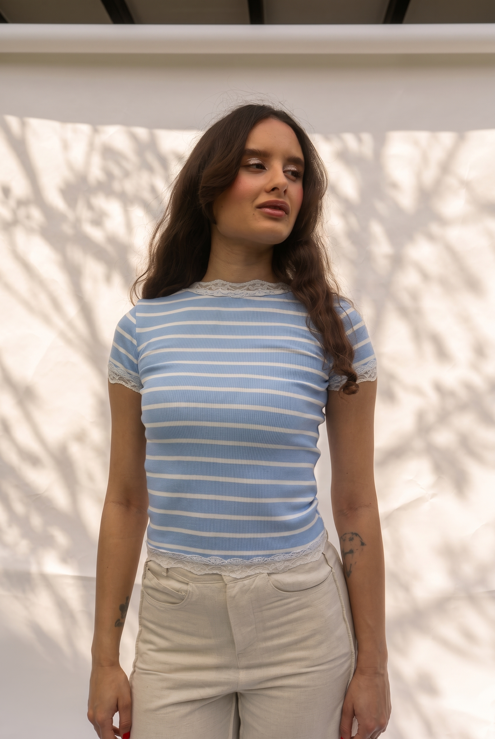 Ribbed Half Sleeve Lace Top